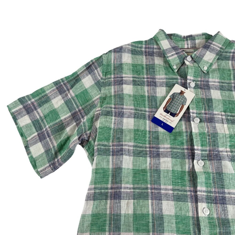 Weatherproof Vintage Washable Linen Button‎ Shirt Mens Large Green Plaid Pocket